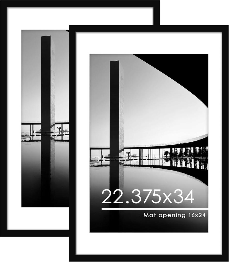 PEALSN 22.375 x 34 Poster Frame Set of 2, Display Pictures 20 x 30 with Mat or 22.375 x 34 without Mat, Poster Frames 22.375 x 34 inches for Wall Mounting Display, Black