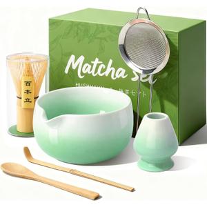 Matcha Whisk Set, Ceramic Matcha Set Includes Bowl & Holder, Bamboo Whisk (Chasen), Scoop, Spoon and Sifter, 6PCS Matcha Kit Covers Everything Needed for Making Matcha (Green)