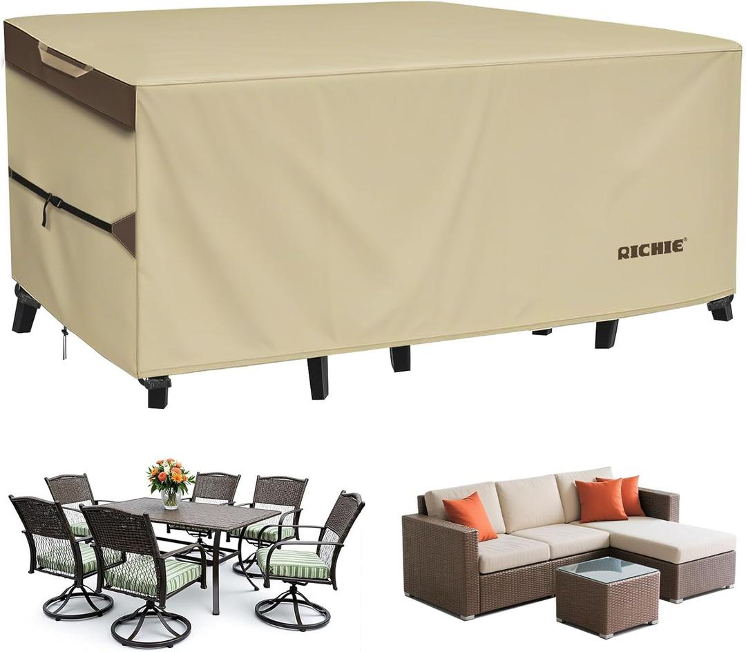 RICHIE Outdoor Patio Furniture Cover - Heavy Duty Waterproof 600D Tough Canvas Protector for Rectangular Table Cover, All-Season Dining Table and Chair Covers (84L x 44W x 28H Inch) Beige & Brown