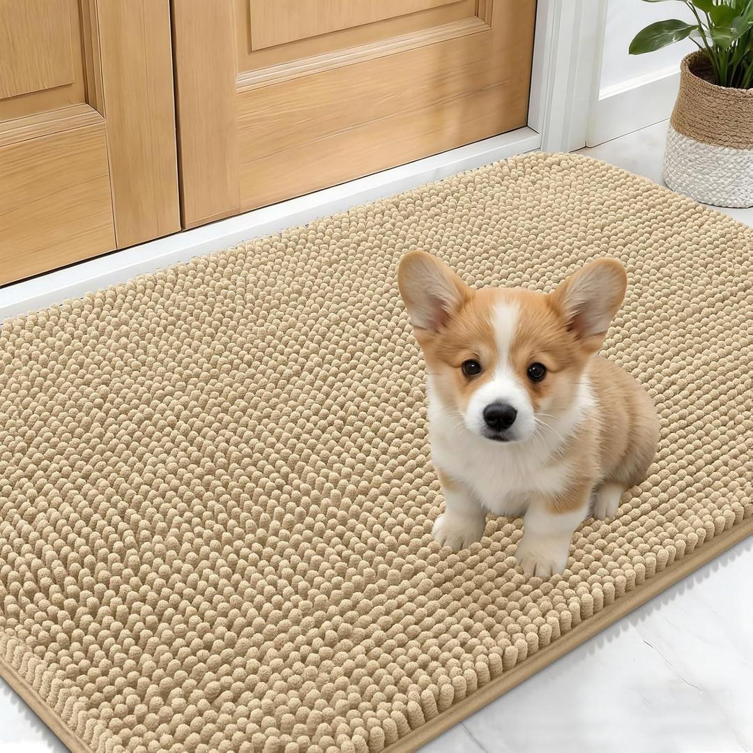 OLANLY Dog Door Mat for Muddy Paws 30x17, Absorbs Moisture and Dirt, Absorbent Non-Slip Washable Doormat, Quick Dry Chenille Mud Mat for Dogs, Entry Indoor Entryway Carpet for Inside Floor, Beige