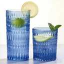 Glassware Drinking Glasses Set of 8, 14 oz Highball Glasses & 10 oz Ribbed Glass Cups, Vintage Glassware for Water, Juice, Cocktail, Whiskey (Blue)