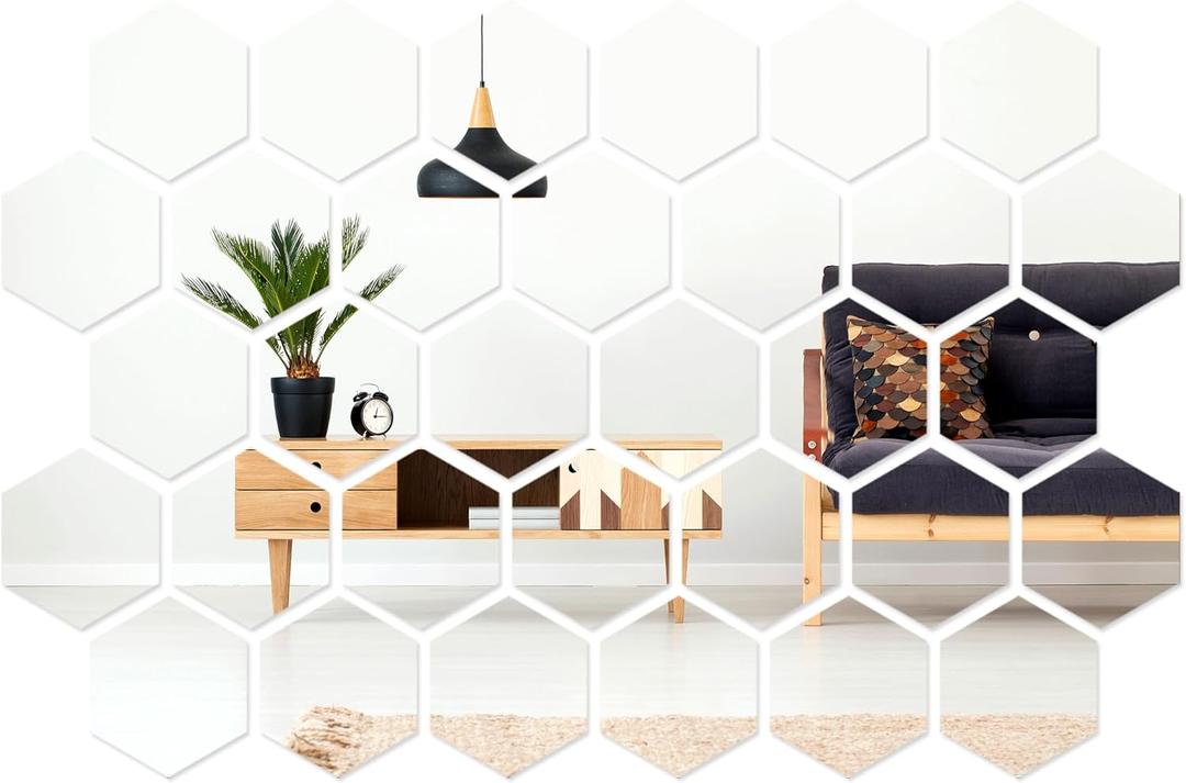 Shappy 32 Pcs Hexagon Mirror Wall Stickers Removable Silver Acrylic Mirror Stickers Honeycomb Decals for DIY Home Art Bedroom Living Room Wall Decoration(18.4 x 16 x 9.2 cm)