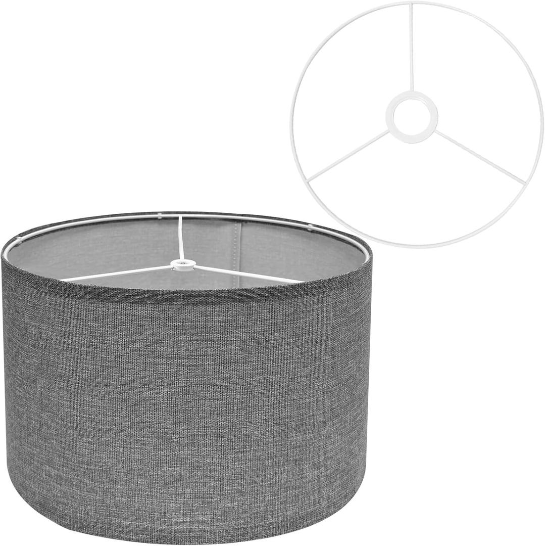 Drum Lamp Shades for Table Lamps 12" Top x 12" Bottom x 8" High Linen Lampshade Gray Lamp Shade with E27 to E26/E14 Adapters for Floor Lamps Bedside Lamps Pendant Lights, Gray, Assembly Required