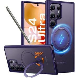 TORRAS 360°Spin Magnetic Stand for Samsung Galaxy S24 Ultra Case, Compatible with Magsafe, Shockproof Military Grade Protective Slim Galaxy S24 Ultra Phone Case with Kickstand & Ring Holder, Purple