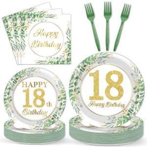 Qyeahkj 100 Pcs 18th Birthday Decorations Party Tableware Set Greenery Eucalyptus Paper Plates Sage Green Plates Forks and Napkins 18th Birthday Party Decors for 18 Years Girls Women Serve