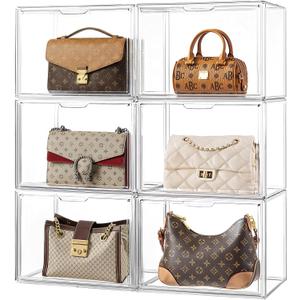 HBlife Purse Storage Organizer for Closet, Clear Stackable Handbag Display Case Box with Magnetic Door for Collectibles, Cosmetics, Women Heels and Toys, Large, 6 Pack