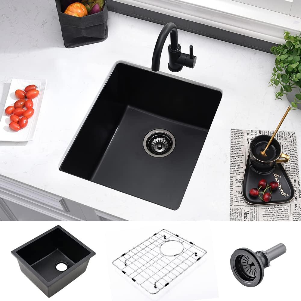 15 Inch Black Bar Sink Undermount-VASOYO 15x17 Small Kitchen Sink Black Quartz Undermount Outdoor Rv Sinks Deep Single Bowl Wet Bar Sinks Small Bowl with Bottom Grid
