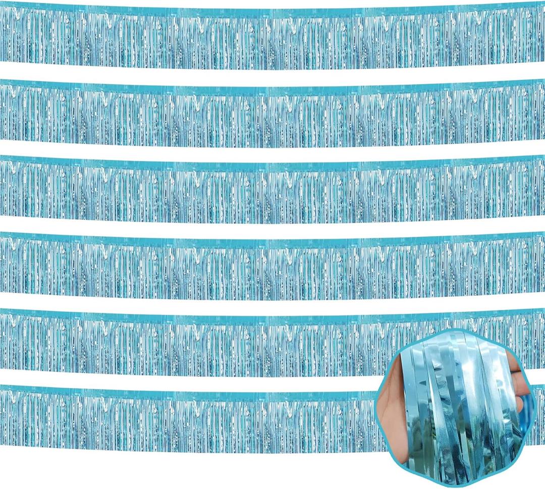6 Pack 10 Ft Light Blue Foil Fringe Garland Metallic Tinsel Streamers Banner Wall Hanging Curtain Backdrop for Parade Floats, Christmas Day, Thanksgiving Day, Halloween, New Year Party Decoration