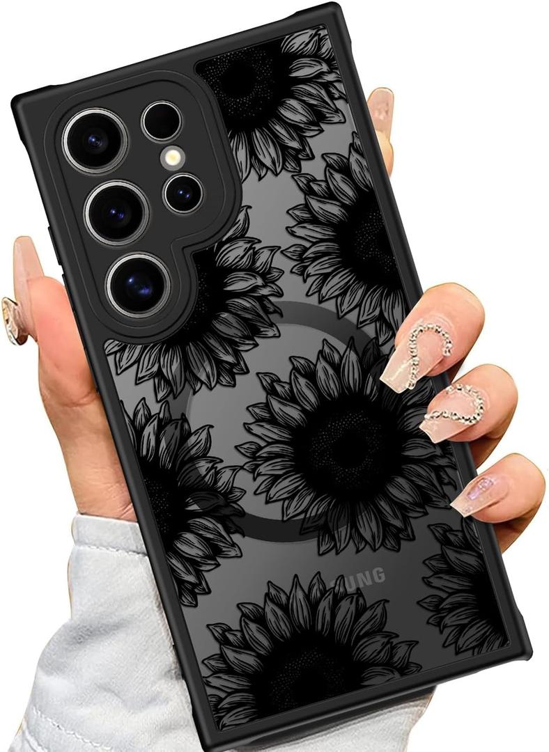 SEXYMOM Magnetic for Samsung Galaxy S24 Ultra Case - Wireless Charging Compatible,Cute Floral Design for Women and Girls,Slim Fit Translucent Matte Phone Case - Sunflower