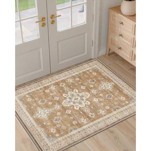 DEXI Area Rugs for Entryway, 2'5x10' Washable Low Pile Vintage Traditional Entry Rug Non Slip, Indoor Door Mat for Bedroom Kitchen Entrance Hallway, Light Brown