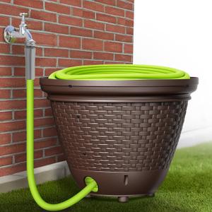 Garden Hose Holder Pot, Decorative Wicker Hose Holder, Water Hose Storage for Outside/Garage, Hose Box Fits 100-400 FT Hoses with 5 Drain Holes, Large Capacity & Assembly Required, Java
