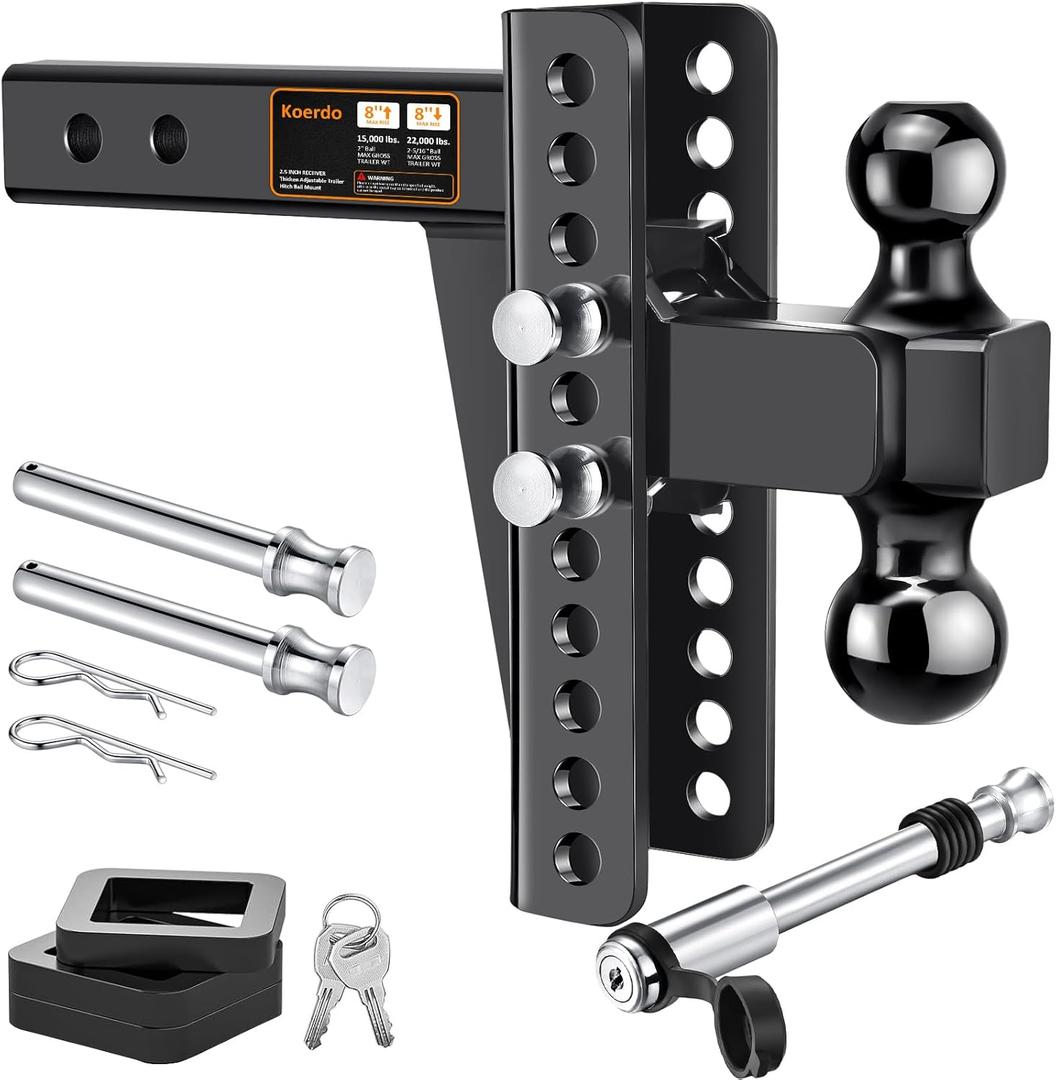 Adjustable Trailer Hitch -Drop Hitch-Tow Hitch FITS 2.5 inch Receiver-8inch Drop/Rise, 2" & 2-5/16" Ball Hitches for Trucks, 22,000 LBS GTW, Trailer Hitches with Anti-Theft Pin, Black