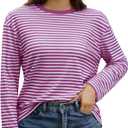 Gardenwed Long Sleeve Shirts for Women Striped Crewneck Loose Fit Basic Tops 2025 Fall T-Shirt (Pink, XL)
