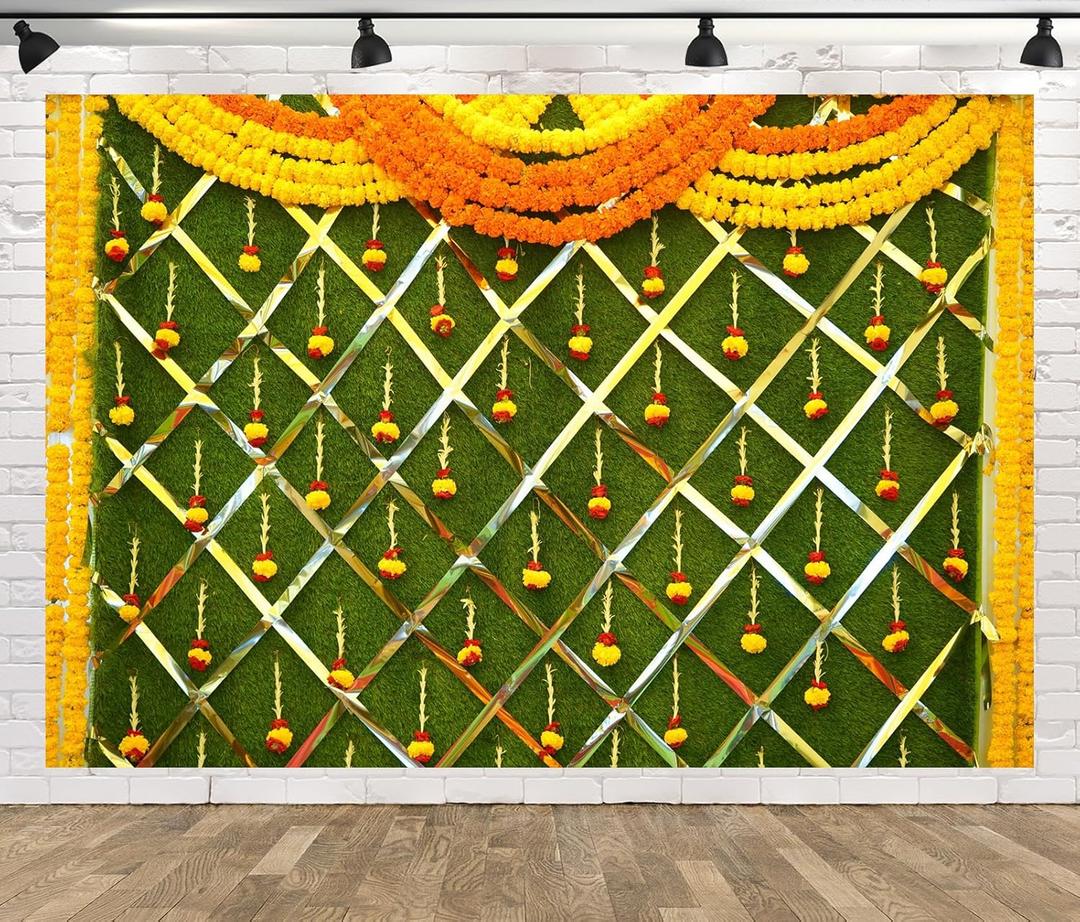 BELECO Fabric 7x5ft Indian Theme Backdrop Haldi Ceremony Marigold Flower Garland Decoration Background Pooja Banner Traditional Festival Wedding Party Decorations Photoshoot Props Wallpaper