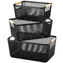Ziliny 3 Pack Plastic Mesh Basket with Wooden Handles - PP Material Hanging Storage Organizer Container Bins for Organizing Cabinet Pantry Bathroom Kitchen Fridge Fruit Makeup Snacks Gifts(Black)