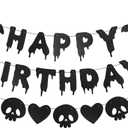 Black Glitter Halloween Birthday Banner, Pre-Strung Happy Birthday Halloween Banner Ghosts Hearts Skulls Bats Hanging Paper Garland Photo Prop for Wall Mantle Home Supplies