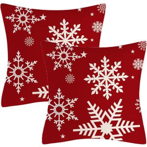 Winter White Snowflake Throw Pillows Farmhouse Decorative Throw Pillow Case Indoor Outdoor Cushion Cover Xmas Red Background Linen Pillowcase for Couch Living Room Bedroom 18 x 18 Inch Set of 2