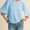 Tankaneo Womens 3/4 Sleeve Puff Tops Casual Loose Fit Patchwork Blouse Crew Neck T Shirts Tunic (Blue, M)