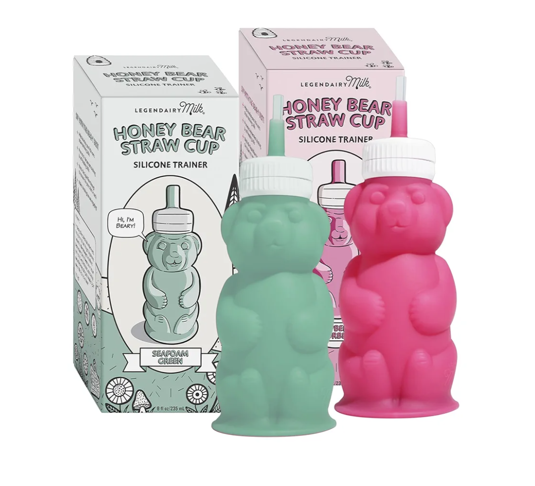 Legendairy Milk Honey Bear Straw Cup Silicone for Babies (Green/Raspberry), 8 oz. Dishwasher Safe Baby Straw Cup, Food Grade Silicone, Honeybear Sippy Cup for Ages 4+ Months (Pack of 2)