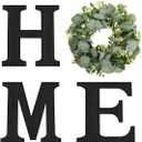 Wood Home Sign with Artificial Eucalyptus Wreath for O, Hanging Farmhouse Wall House Decor - Wood Home Letters for Art Rustic Home Decor, Wall Decor for Living Room Kitchen Entryway Gift (Black L) (11.8L" x 11.8W")
