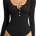 MANGOPOP Women's Henley Shirt Scoop Neck Button Down Ribbed Long Sleeve Bodysuits Top, Long Sleeve Black, Large