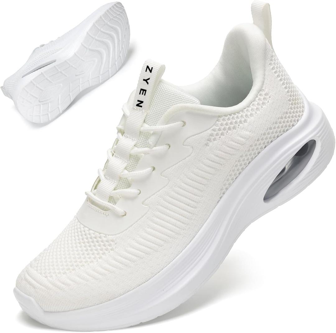 ZYEN Wide Toe Box Shoes Women Air Cushion Road Running Shoes Extra Wide Width Sneakers Arch Support Gym Athletic Tennis Sneakers Lightweight Breathable Walking Shoes (White)