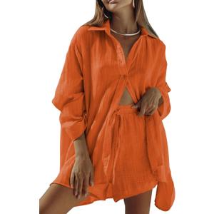 Fixmatti Women 2 Piece Outfits Long Sleeve Button Down Blouse and Shorts Sweatsuit Sets (Small, Orange)