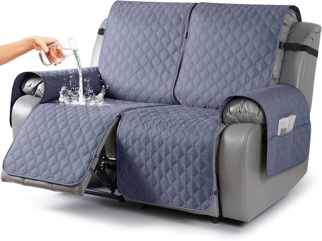 TAOCOCO 100% Waterproof Recliner Covers, Recliner Sofa Covers with Leg Straps, Reversible Recliner Couch Cover for Reclining Chair, Washable Couch Protector for Pets Kids(2 Seater, Bluish Gray)