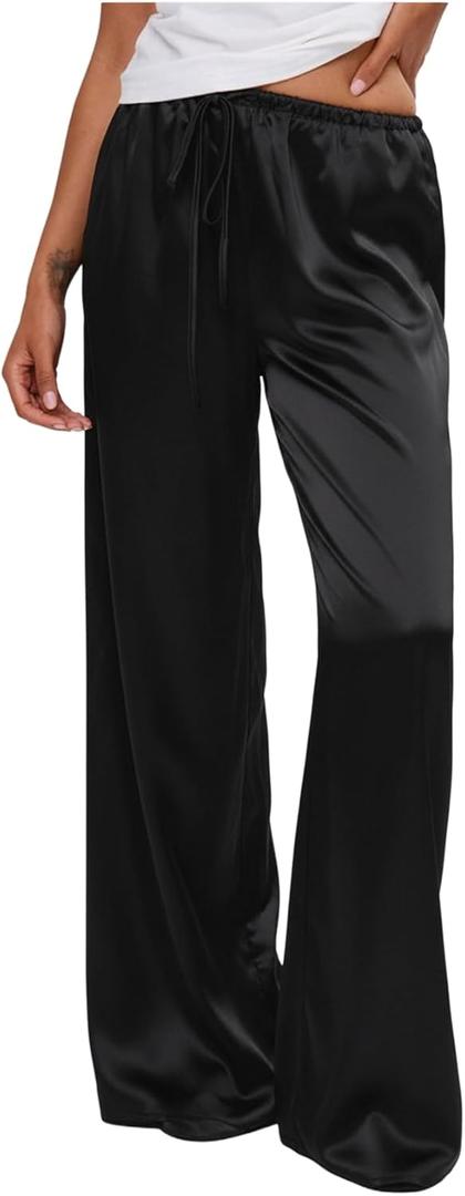 MakeMeChic Women's Summer Satin Silk Pants Casual Flowy Pants Beach Vacation Wide Leg Pants (X-Large, Black)
