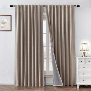 100% Blackout Curtains 84 inch Length 2 Panels Faux Linen Long Drapes for Bedroom Nursery Living Room Black Out Room Darkening Curtain Thermal Insulated Back Tab Rod Pocket(W52 x L84, Beige)