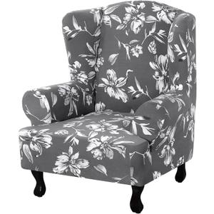 Floral Printed Fleece Wingback Chair Slipcover - 1-Piece Super Stretch Wing Chair Cover, Elastic Bottom for Easy Fit, Modern Style Furniture Protector (Grey)