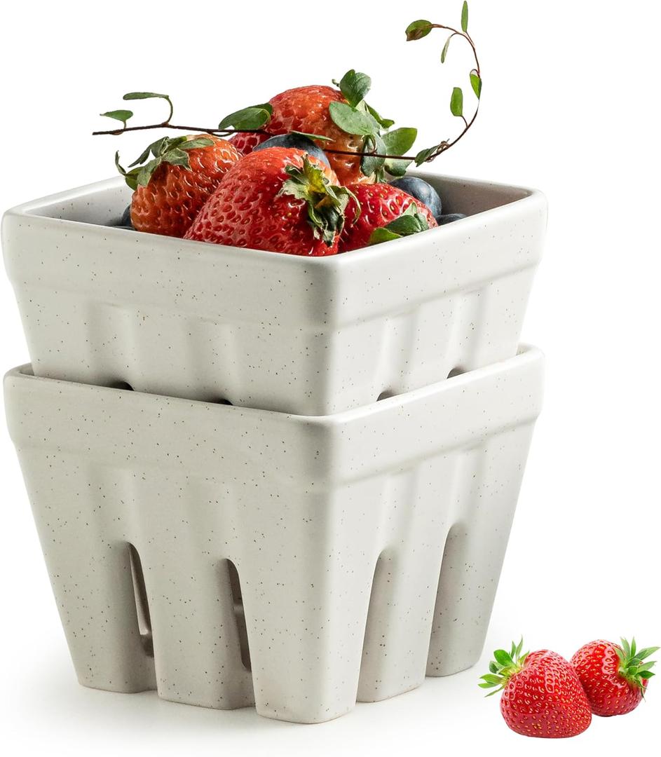 Gomakren Ceramic Berry Basket Set of 2, Square Fruit Bowls with Holes, Rustic Fruit Basket Containers for Kitchen, Berries, Strawberry, Grape, Cherry - Cream White (4.0 Inch)