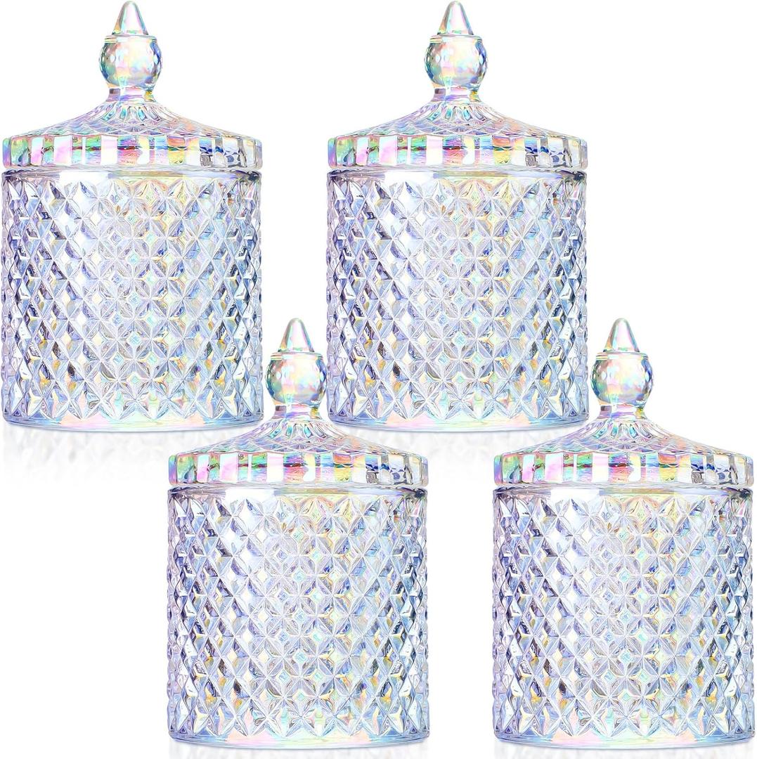 Aoriher 4 Pcs Crystal Glass Candy Jar Set with Lids Home Decorative Storage Jars for Apothecary, Bathroom, Kitchen, and Pantry, Ideal for Cotton Swabs and Jewelry(Medium,Rainbow)