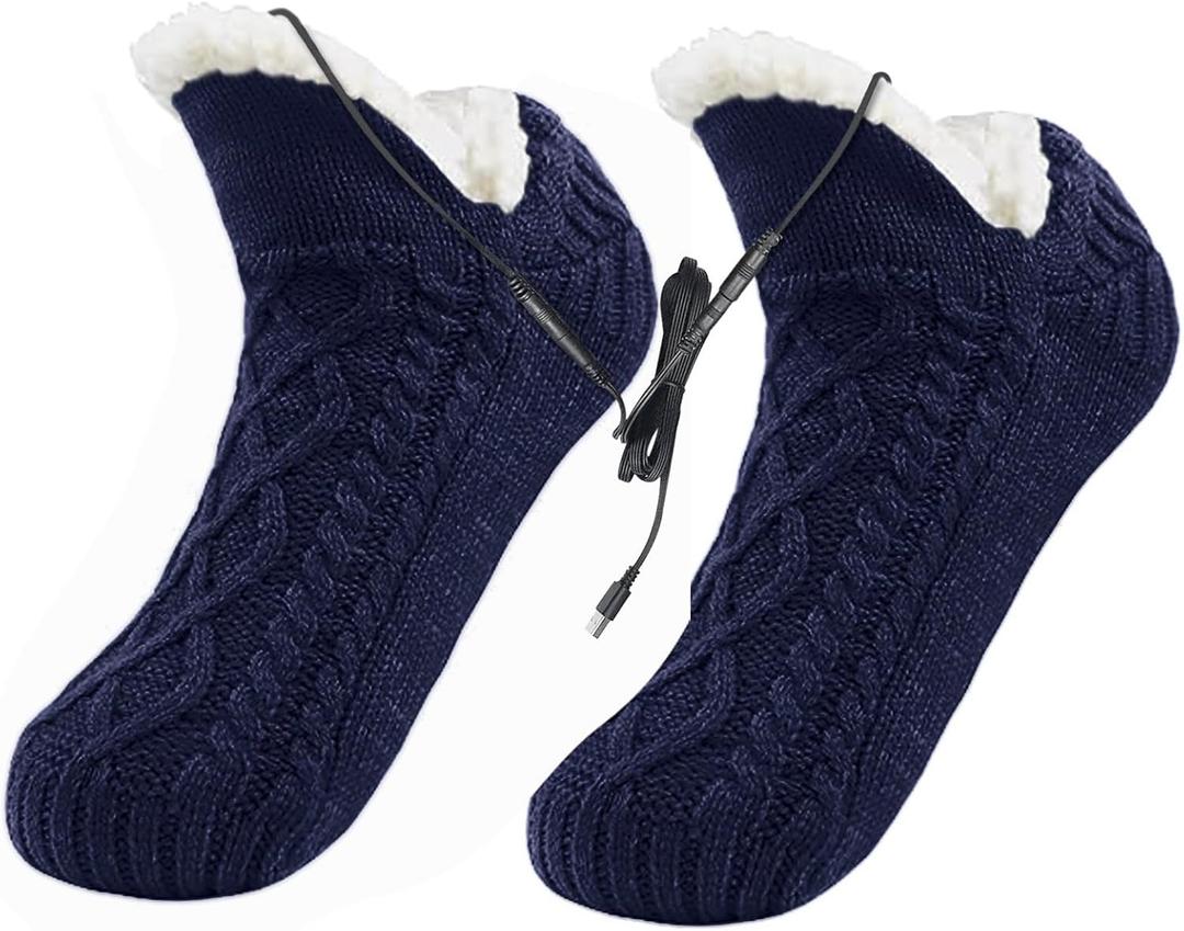 PURFUN Electric Heated Fleece Socks Slippers for Men Women, Winter USB Heating Pad Knitted Socks Foot Heater Anti-Slip Thermal Home Indoor Slippers Footwear Foot Warmer