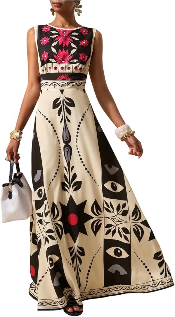 GORGLITTER Women's Sleeveless Maxi Mexican Dress Floral Boho Garden Party Sundress Wedding Guest Long Tank Dresses (Medium, Multicolor)