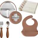 Stainless Steel Toddler Feeding Set 4 Pieces  Suction Plate, Silicone Bib, Spoon & Fork  Divided Plates for Baby Led Weaning, BPA-Free, Removable Shell (Mocha Mousse)