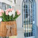 Spring Tulip Basket Wreaths for Front Door with 15 Artificial Tulip 19 Inch and Woven Floral Hanging Basket Pink White Flower Wreath for Spring Easter Wedding Rustic Farmhouse Window Porch Decor
