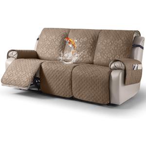 VANSOFY 100% Waterproof Recliner Sofa Covers, Couch Covers with Non-Slip Granule, 3-Piece Washable Reclining Sofa Cover with Pocket Furniture Protector for Kids, Pets（Light Brown,3 Seater）