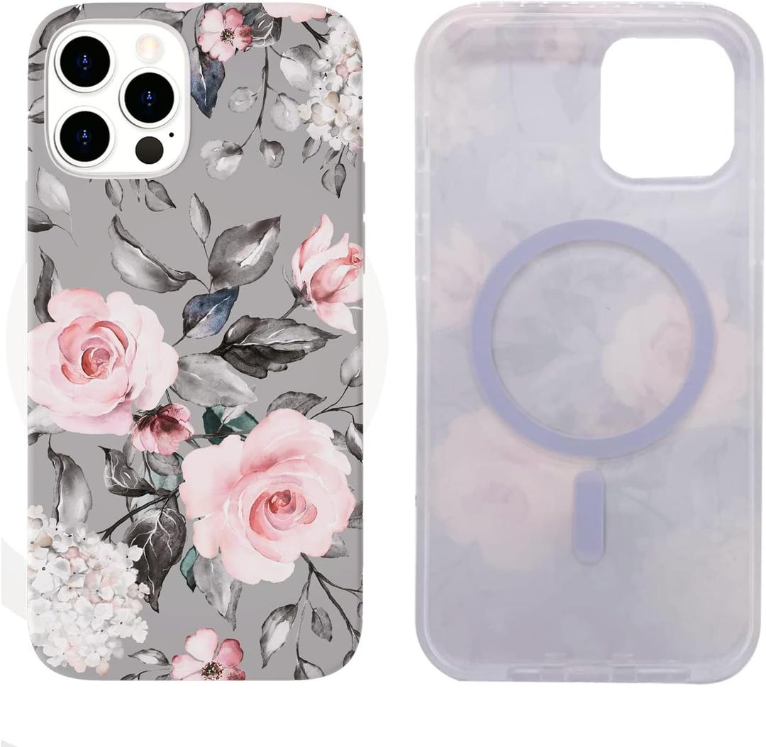 Magnetic Case for iPhone 12/12 Pro 6.1" Compatible with MagSafe - Soft TPU, Slim, Shockproof, Protective, Cute Gray Pink Floral & Screen Protector