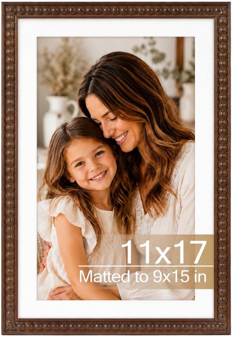 Solid Wood 11x17 Picture Frame Beaded Frame with 9x15 Mat, Rustic Vintage 11 by 17 Photo Frame Matted with Plexiglass for Wall Display, Brown