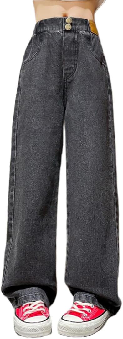 Kids Girls Baggy Jeans Casual Wide Leg High Waist Denim Pants Size 5-14 Years (10-11 Years, Black)