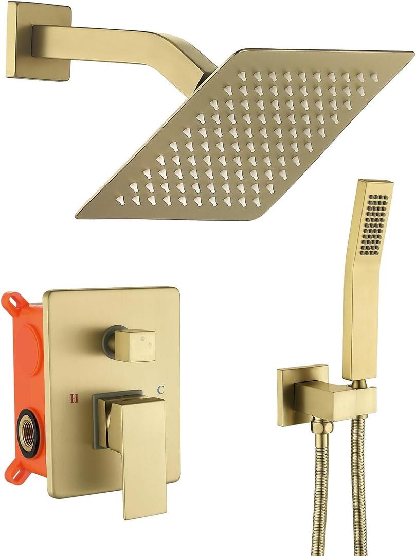 JOYWELL Shower Faucet Brushed Gold Shower System 8 Inches Rain Shower and Handheld Shower Combo,2-Function Pressure Balance Shower Fixtures,Included Shower Trim Kit