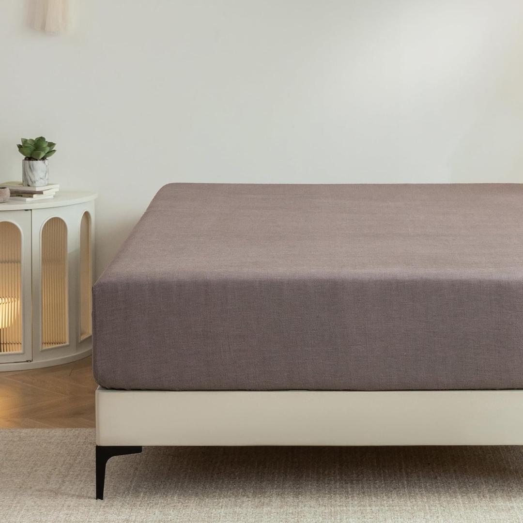 King Fitted Sheet 100% Cotton, Deep Pocket up to 18", Ultra Soft & Comfortable, Linen Texture, Wrinkle & Fade Resistant, Gentle & Hypoallergenic Easy Fit, Mauve Brown,King