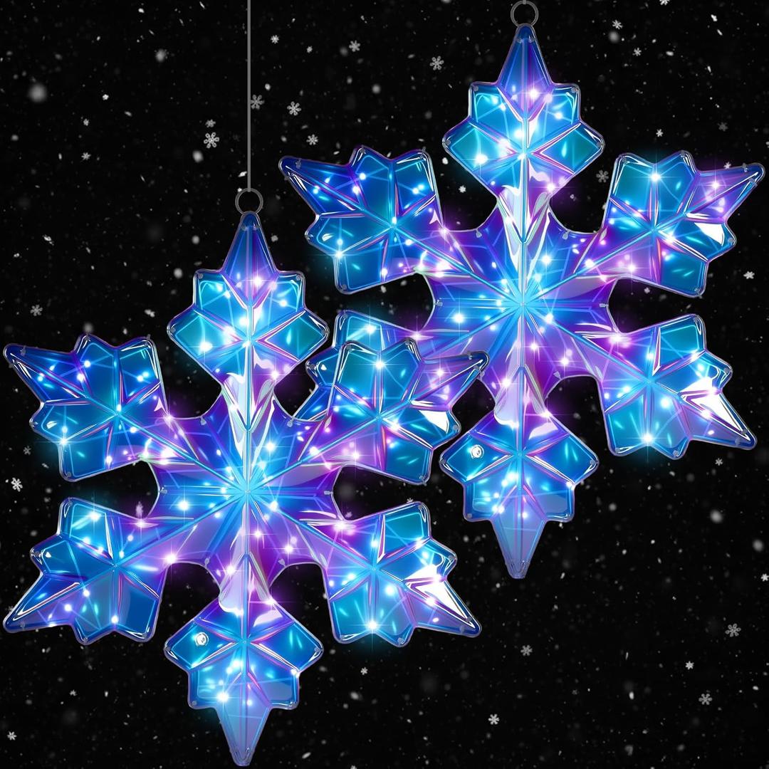 Nuanchu 25 Inch Large Christmas Snowflake Lights Decorations Pre-lit 155 Leds Big Window Hanging Snowflake Prismatic Iridescent Lights Waterproof Decoration for Xmas Home Yard Porch Wall Window(2 Pcs)