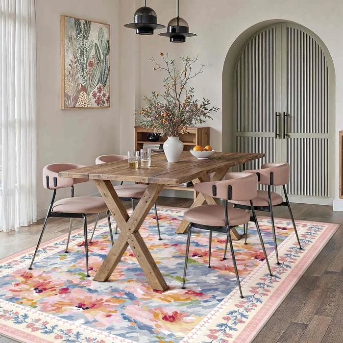Lotus Bloom Modern Floral Pink Washable Area Rug 5ft x 7ft