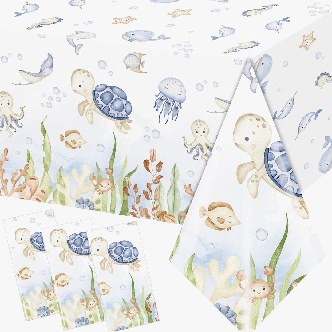 GREHUMOR 3Pcs Ocean Tablecloth Decoration Under The Sea Theme Party Supplies Sea Turtles Disposable Plastic Table Covers Underwater Sea Life Table Cloth for Ocean Baby Shower Birthday