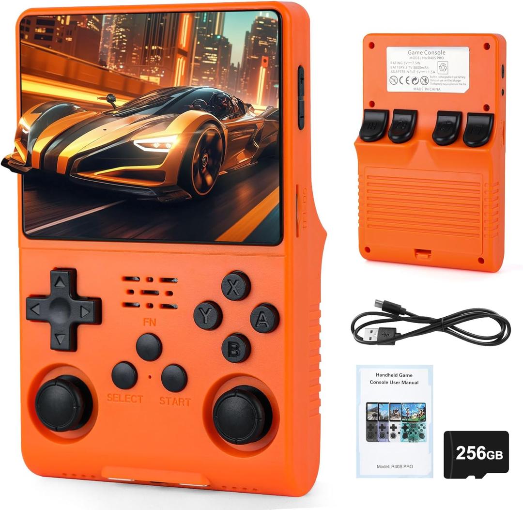 R40S Pro Handheld Retro Gaming Console  256GB Storage, 3800mAh Battery, 3.5" Full-Lamination IPS Screen, 20+ Emulators, Preloaded 30,000 Games, Multiplayer Support (Orange)