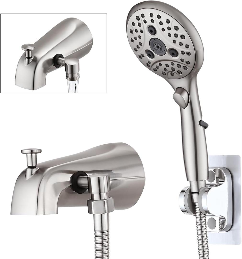 PROOX All Metal Tub Spout with Diverter, 6 Settings Hand held Shower with ON/Off Pause Switch, Bathtub Faucet with Sprayer Brushed Nickel