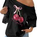 RoseSeek Women's Off The Shoulder Tops Floral Graphic Oversized Tshirts Shirts Y2k Summer Tops Trendy (Black, S)
