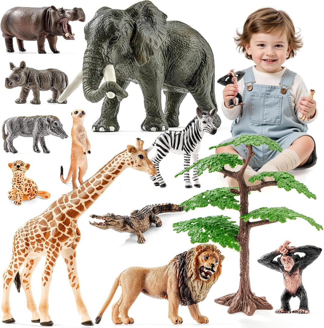 12PCS Realistic Safari Animals Figures Learning Toys Set, Large African Animal Toys, Wild Zoo Animal Toys, Educational Playset Toys for Boys Girls, Birthday Gift for Toddlers Kids